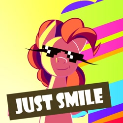 Size: 750x750 | Tagged: safe, artist:astril, pinkie pie, earth pony, pony, g4, abstract background, bust, female, mare, sign, smiling, solo, sunglasses