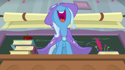 Size: 1920x1080 | Tagged: safe, screencap, trixie, pony, unicorn, a horse shoe-in, cape, clothes, female, hat, mare, nose in the air, open mouth, solo, trixie's cape, trixie's hat, uvula, volumetric mouth