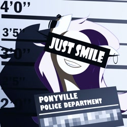 Size: 1486x1486 | Tagged: safe, artist:astril, fluttershy, pegasus, pony, g4, bust, censor bar, censored, censored eyes, ear piercing, earring, female, jewelry, mare, mugshot, piercing, sign, smiling, smirk, smugshy, solo, text