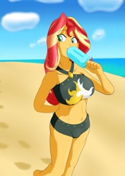 Size: 900x1273 | Tagged: safe, artist:wolfjarl, sunset shimmer, human, equestria girls, g4, beach, beach babe, bikini, bikini babe, bikini bottom, bikini top, breasts, busty sunset shimmer, clothes, food, ice cream, popsicle, sea salt ice cream, swimsuit