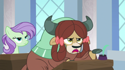 Size: 1920x1080 | Tagged: safe, screencap, violet twirl, yona, pony, yak, a horse shoe-in, g4, bow, cloven hooves, duo, female, friendship student, hair bow, hoof pointing, mare, unimpressed