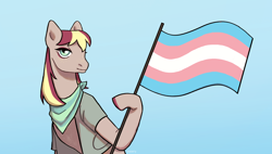 Size: 3790x2146 | Tagged: safe, artist:easery, oc, oc only, oc:brown betty, earth pony, pony, blue background, clothes, commission, flag, handkerchief, high res, neckerchief, pride flag, simple background, smiling, transgender pride flag, when she smiles, ych result
