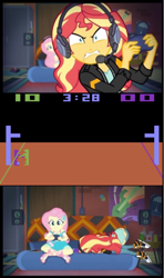 Size: 576x972 | Tagged: safe, fluttershy, sunset shimmer, equestria girls, g4, atari 2600, basketball, converse, shoes, sports, sunset shimmer frustrated at game