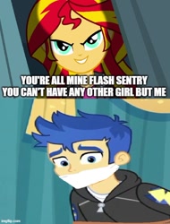 Size: 500x657 | Tagged: dead source, safe, artist:mlpfan3991, edit, edited screencap, screencap, flash sentry, sunset shimmer, equestria girls, g4, caption, female, image macro, implied kidnapping, it came from deviantart, male, ship:flashimmer, shipping, shipping domino, straight, text