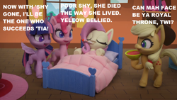 Size: 1280x720 | Tagged: safe, edit, edited screencap, screencap, applejack, fluttershy, pinkie pie, twilight sparkle, alicorn, earth pony, pegasus, pony, g4.5, my little pony: stop motion short, rainy day puddle play, abuse, backwards thermometer, bed, flutterbuse, op is a duck, sick, stop motion, thermometer, twilight sparkle (alicorn)