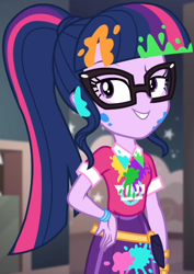 Size: 764x1080 | Tagged: safe, screencap, sci-twi, twilight sparkle, equestria girls, equestria girls series, g4, sunset's backstage pass!, spoiler:eqg series (season 2), bangs, clothes, collar, cropped, cute, female, glasses, hand on hip, indoors, lidded eyes, music festival outfit, paint, ponytail, public bathroom, raised eyebrow, short sleeves, skirt, smiling, solo, talking, twiabetes, wristband