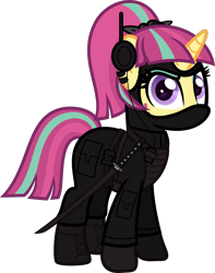 Size: 5000x6334 | Tagged: safe, artist:n0kkun, sour sweet, pony, unicorn, g4, armor, belt, body armor, boots, clothes, commission, disguise, disguised changeling, ear piercing, earring, equestria girls ponified, eyeshadow, female, freckles, gloves, headset, jacket, jewelry, katana, makeup, mare, mask, ninja, pants, piercing, ponified, shoes, simple background, smiling, smirk, solo, sword, transparent background, weapon
