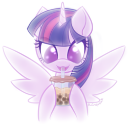 Size: 723x700 | Tagged: safe, artist:rainspeak, twilight sparkle, alicorn, pony, bubble tea, cute, drink, drinking, female, mare, simple background, solo, spread wings, straw, twiabetes, twilight sparkle (alicorn), white background, wings
