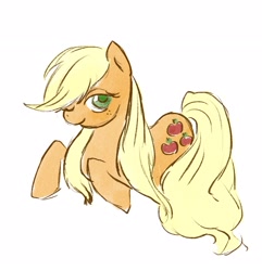 Size: 2744x2849 | Tagged: safe, artist:laya-21, applejack, earth pony, pony, g4, alternate hairstyle, colored pupils, cute, female, freckles, hatless, high res, jackabetes, loose hair, mare, missing accessory, one eye closed, prone, simple background, solo, white background