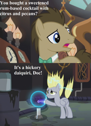 Size: 832x1152 | Tagged: safe, edit, edited screencap, editor:korora, screencap, derpy hooves, doctor whooves, time turner, earth pony, pegasus, pony, g4, slice of life (episode), cropped, cute, derpabetes, dialogue, doctor whooves' lab, duo, female, male, mare, plasma ball, pun, stallion