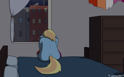 Size: 1920x1200 | Tagged: safe, artist:skydreams, oc, oc only, oc:skydreams, unicorn, anthro, apartment, bed, crying, dawn, female, flag, lesbian pride flag, mare, morning, nudity, pillow, pride, pride flag, vent art