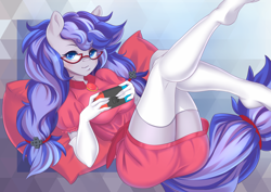 Size: 4092x2893 | Tagged: safe, alternate version, artist:sherr, oc, oc only, oc:cinnabyte, earth pony, anthro, plantigrade anthro, adorkable, cinnabetes, clothes, commission, cute, dork, dress, glasses, nintendo switch, shirt, smiling, stockings, thigh highs, your character here
