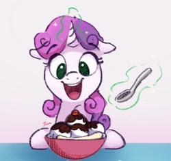 Size: 2048x1925 | Tagged: safe, artist:thefloatingtree, sweetie belle, pony, unicorn, g4, atg 2020, banana, bowl, cherry, chocolate, cute, diasweetes, female, filly, floppy ears, food, glowing, glowing horn, herbivore, horn, hungry, ice cream, magic, magic aura, newbie artist training grounds, no pupils, open mouth, open smile, salivating, signature, slimy, smiling, solo, spoon, sundae, taste buds, telekinesis, this will end in diabetes, this will end in weight gain, uvula