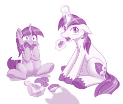 Size: 1280x1081 | Tagged: safe, artist:dstears, shining armor, twilight sparkle, pony, unicorn, g4, atg 2020, broken, brother and sister, caught, colored hooves, cookie, cookie jar, duo, eating, female, filly, filly twilight sparkle, floppy ears, food, gentlemen, imminent spanking, implied twilight velvet, jar, levitation, magic, male, monochrome, newbie artist training grounds, open mouth, purple, siblings, simple background, sitting, sparkle siblings, sweatdrop, teenager, telekinesis, this will end in grounding, unicorn twilight, unshorn fetlocks, white background, younger