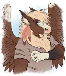 Size: 700x800 | Tagged: safe, artist:furryguts, oc, oc only, oc:gilded feather, griffon, hybrid, anthro, anthro oc, bust, clothes, male, shirt, simple background, solo, stallion