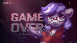 Size: 2936x1661 | Tagged: safe, artist:radioaxi, oc, oc only, oc:cinnabyte, pony, adorkable, cinnabetes, cute, dork, female, game over, glasses, mare, meganekko, open mouth, pigtails, purple, solo