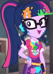 Size: 770x1080 | Tagged: safe, screencap, sci-twi, twilight sparkle, equestria girls, equestria girls specials, g4, my little pony equestria girls: better together, my little pony equestria girls: sunset's backstage pass, bangs, clothes, collar, cropped, cute, female, glasses, hand on hip, indoors, messy, music festival outfit, paint, ponytail, public bathroom, shirt, short sleeves, skirt, smiling, solo, talking, twiabetes, wristband