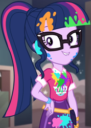 Size: 769x1080 | Tagged: safe, screencap, sci-twi, twilight sparkle, equestria girls, equestria girls series, g4, sunset's backstage pass!, spoiler:eqg series (season 2), bangs, clothes, collar, cropped, cute, female, glasses, hand on hip, indoors, lip bite, messy, music festival outfit, paint, ponytail, public bathroom, shirt, short sleeves, skirt, smiling, solo, talking, twiabetes