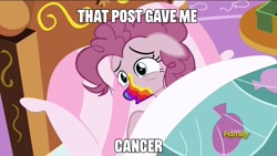 Size: 1280x720 | Tagged: safe, edit, edited screencap, screencap, pinkie pie, earth pony, pony, 28 pranks later, g4, bed, caption, image macro, in bed, meme, rainbow muzzle, text, that post gave me cancer