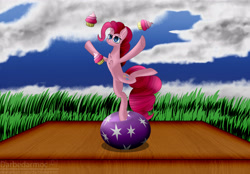 Size: 3096x2160 | Tagged: safe, artist:darbedarmoc, pinkie pie, earth pony, pony, g4, balancing, ball, belly button, bipedal, chest fluff, cloud, cupcake, featureless crotch, female, food, grass, high res, juggler, juggling, scene interpretation, sky, solo