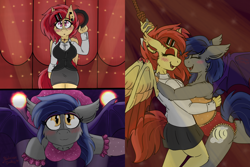 Size: 1080x720 | Tagged: safe, artist:emz2015, oc, oc only, oc:echo, oc:ruby splash, bat pony, anthro, bat pony oc, bat wings, blushing, breasts, busty echo, clothes, comic, commission, cutie mark, digital art, eyes closed, female, lesbian, looking at each other, oc x oc, rewrite the stars, shipping, spread wings, tail, the greatest showman, wings