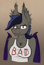 Size: 867x1280 | Tagged: safe, artist:php122, oc, oc only, oc:echo, bat pony, anthro, bat pony oc, bat wings, breasts, bust, busty echo, clothes, digital art, fangs, female, looking at you, solo, wings