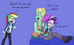 Size: 2152x1298 | Tagged: safe, artist:bugssonicx, rainbow dash, starlight glimmer, zephyr breeze, human, equestria girls, g4, angry, bondage, boots, bound and gagged, clothes, eyes closed, female, gag, jealous, leggings, rope, rope bondage, shirt, shoes, simple background, struggling, sweat, tied up