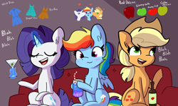 Size: 3750x2250 | Tagged: safe, artist:tjpones, applejack, rainbow dash, rarity, earth pony, pegasus, pony, unicorn, g4, alcohol, apple, apple cider, applejack's hat, blah blah blah, blushing, champagne glass, chest fluff, cider, clothes, couch, cowboy hat, dialogue, dress, drink, drinking straw, ear fluff, eyes closed, female, food, freckles, glowing, glowing horn, hat, heart, high res, horn, implied lesbian, lesbian, magic, mare, martini, open mouth, polyamory, rarijackdash, ship:appledash, ship:raridash, shipper on deck, shipping, straw, telekinesis, that pony sure does love apples, that pony sure does love fashion, thoughts, wavy mouth