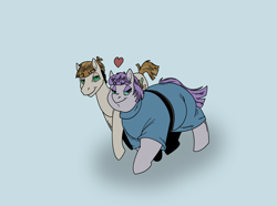 Size: 1652x1232 | Tagged: safe, artist:monterrang, maud pie, mudbriar, earth pony, pony, g4, blue background, duo, fat, female, floating heart, heart, male, maud pudge, ship:maudbriar, shipping, simple background, smiling, straight, walking