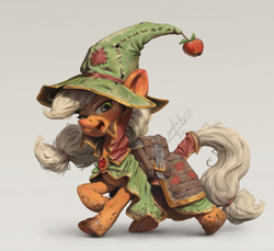 Size: 1200x1100 | Tagged: safe, artist:assasinmonkey, applejack, earth pony, pony, g4, clothes, cute, digital art, digital painting, female, final fantasy, freckles, geomancer, hat, jackabetes, mare, mud, open mouth, signature, simple background, solo, white background, wizard hat