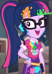 Size: 765x1080 | Tagged: safe, screencap, sci-twi, twilight sparkle, equestria girls, equestria girls specials, g4, my little pony equestria girls: better together, my little pony equestria girls: sunset's backstage pass, bangs, clothes, collar, cropped, cute, female, glasses, hand on hip, indoors, messy, music festival outfit, paint, ponytail, public bathroom, raised eyebrow, shirt, short sleeves, skirt, smiling, solo, talking, twiabetes
