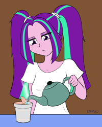 Size: 800x1000 | Tagged: safe, artist:empyu, aria blaze, equestria girls, g4, 30 minute art challenge, clothes, cup, female, food, noodles, ramen, shirt, solo, water