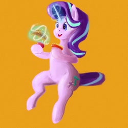 Size: 800x800 | Tagged: safe, artist:phutashi, starlight glimmer, pony, unicorn, cheese pizza, eating, female, food, french fries, glowing horn, happy, horn, magic, mare, newbie artist training grounds, pizza, sitting, soda, solo, telekinesis