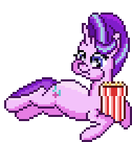 Size: 189x204 | Tagged: safe, artist:8-bitbrony, starlight glimmer, pony, unicorn, g4, animated, cute, eating, female, food, glimmerbetes, herbivore, lying down, mare, newbie artist training grounds, pixel art, popcorn, simple background, solo, transparent background