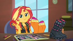 Size: 1024x581 | Tagged: safe, artist:jrshinkansenhorse, edit, edited screencap, screencap, sunset shimmer, equestria girls, g4, my little pony equestria girls: better together, super squad goals, best pony, boots, clothes, comic book, desk, feet, feet on table, geode of empathy, magical geodes, pencil, shoes, socks, sunset shimmer is best pony, window