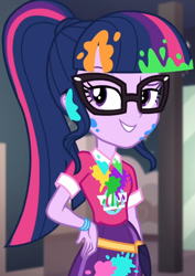 Size: 765x1080 | Tagged: safe, screencap, sci-twi, twilight sparkle, equestria girls, equestria girls specials, g4, my little pony equestria girls: better together, my little pony equestria girls: sunset's backstage pass, bangs, clothes, collar, cropped, cute, female, glasses, indoors, lidded eyes, messy, music festival outfit, paint, ponytail, public bathroom, raised eyebrow, shirt, short sleeves, skirt, smiling, solo, talking, twiabetes