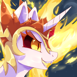 Size: 1500x1500 | Tagged: safe, artist:glazirka, daybreaker, alicorn, pony, g4, colored pupils, fangs, female, horn, jewelry, looking forward, mane of fire, open mouth, regalia, smiling, solo, teeth