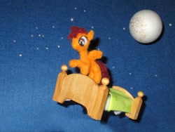 Size: 1024x768 | Tagged: safe, alternate version, artist:malte279, part of a set, scootaloo, pegasus, pony, g4, bed, craft, dream, felting, female, folded wings, irl, moon, needle felted, night, night sky, photo, plushie, sculpture, sky, wings