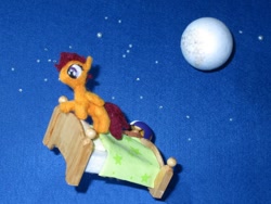 Size: 1024x768 | Tagged: safe, alternate version, artist:malte279, part of a set, scootaloo, pegasus, pony, g4, bed, craft, dream, felting, female, folded wings, irl, moon, needle felted, night, night sky, photo, plushie, sculpture, sky, wings