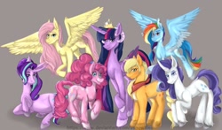 Size: 1024x602 | Tagged: safe, artist:zsnowfilez, applejack, fluttershy, pinkie pie, rainbow dash, rarity, starlight glimmer, twilight sparkle, alicorn, earth pony, pegasus, pony, unicorn, g4, crown, cutie mark, horn, horns, jewelry, mane six, multiple horns, regalia, twilight sparkle (alicorn)