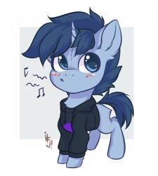 Size: 1200x1331 | Tagged: safe, artist:falafeljake, oc, oc only, oc:tesseract, pony, unicorn, chibi, clothes, cute, hoodie, male, music notes, simple background, solo, stallion, whistle