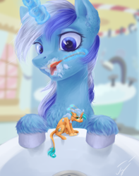 Size: 3000x3800 | Tagged: safe, artist:гусь, minuette, oc, pony, unicorn, g4, brushing teeth, chest fluff, ear fluff, glasses, glowing horn, high res, horn, micro, sink, size difference, toothbrush, toothpaste