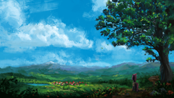Size: 1920x1080 | Tagged: safe, artist:plainoasis, tempest shadow, pony, unicorn, g4, bag, blue sky, broken horn, cloud, detailed background, digital art, female, field, flower, forest, horn, houses, looking away, mare, mountain, mountain range, outdoors, painting, path, plant, saddle bag, scenery, scenery focus, scenery porn, sign, sky, solo, standing, tempest's village, tree, tree branch, village