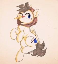 Size: 1173x1280 | Tagged: safe, artist:pucksterv, oc, oc only, oc:rambleflank, pegasus, pony, hood, mouth hold, pegasus oc, pencil, present, simple background, traditional art, wings