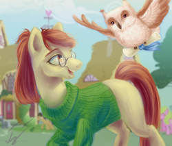 Size: 2000x1700 | Tagged: safe, artist:гусь, oc, oc only, bird, earth pony, owl, pony, clothes, flying, glasses, missing cutie mark, scroll, smiling, solo, sweater