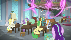 Size: 1920x1080 | Tagged: safe, screencap, end zone, huckleberry, starlight glimmer, summer breeze, summer meadow, trixie, violet twirl, yona, earth pony, pegasus, pony, unicorn, yak, a horse shoe-in, g4, classroom, desk, female, friendship student, male, mare, stallion, stool