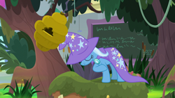 Size: 1920x1080 | Tagged: safe, screencap, trixie, pony, unicorn, g4, beehive, bowing, cape, clothes, female, hat, mare, solo, tree, trixie's cape, trixie's hat