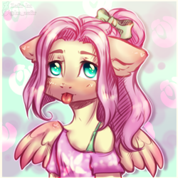Size: 2000x2000 | Tagged: safe, artist:zefirka, fluttershy, pegasus, semi-anthro, :p, alternate hairstyle, clothes, cute, female, floppy ears, looking at you, mare, ponytail, shirt, shyabetes, solo, tongue out