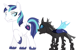 Size: 2247x1454 | Tagged: safe, artist:fcrestnymph, shining armor, oc, oc:alveolus, changeling, changepony, hybrid, pony, g4, interspecies offspring, offspring, parent:queen chrysalis, parent:shining armor, parents:shining chrysalis, simple background, story included, transparent background