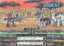 Size: 2337x1660 | Tagged: safe, artist:cybertronianbrony, twilight sparkle, alicorn, changeling, dinosaur, pony, g4, apatosaurus, crossover, don bluth, japanese, littlefoot, mountain, namco x capcom, playstation 2, sunset, tactics rpg, the land before time, twilight sparkle (alicorn)